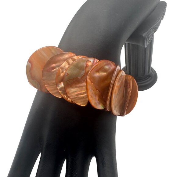 Abalone Shell Disc Stretch Bracelet Salmon Iridescent Elastic Circular Beads - Picture 1 of 4